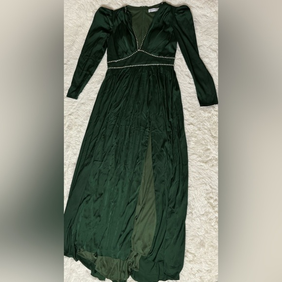 NEW MAC DUGGAL Rhinestone Trim Puff Sleeve Gathered Green Gown Sz 10 - Picture 3 of 7